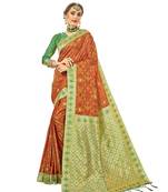 Rust woven faux banarasi silk saree with blouse
