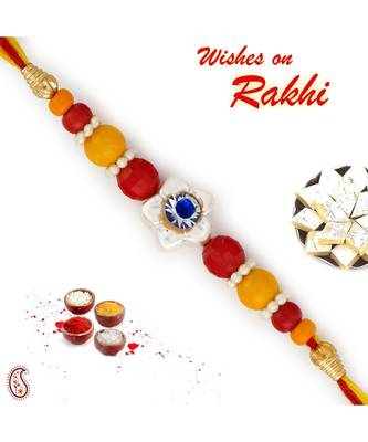 Yellow & Red Beads Studded Floral Design Rakhi 1