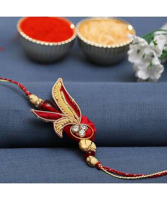 Leaf Patterned Beautiful Red Zardosi Rakhi 1