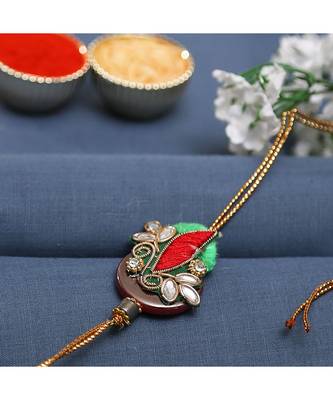 Magenta & Green Base Kundan Studded Zardosi Rakhi 1