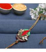 Magenta & Green Base Kundan Studded Zardosi Rakhi