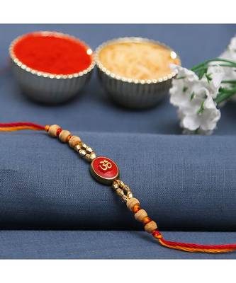Om Motif Red Base Sandalwood Rakhi 1