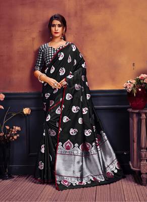 Black printed banarasi silk saree with blouse 1