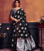 Black printed banarasi silk saree with blouse