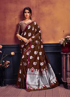Dark brown printed banarasi silk saree with blouse 1