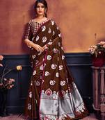 Dark brown printed banarasi silk saree with blouse