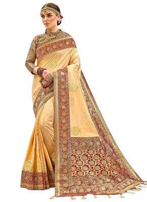 Beige Plain Silk Saree With Blouse 1