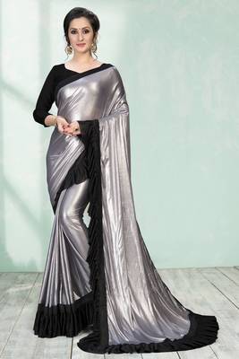Silver plain silk saree with blouse 1