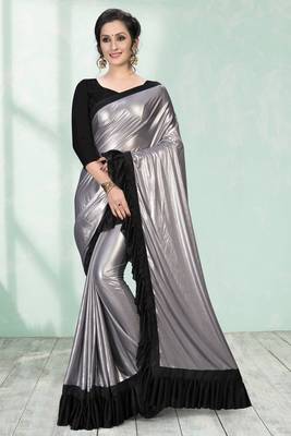Silver plain silk saree with blouse 2