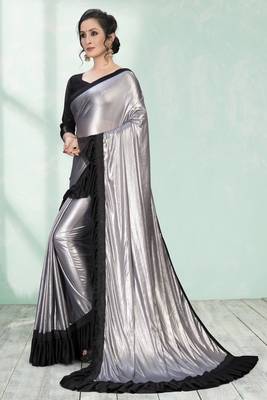 Silver plain silk saree with blouse 3