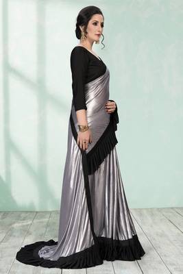 Silver plain silk saree with blouse 4