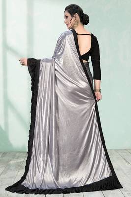 Silver plain silk saree with blouse 5