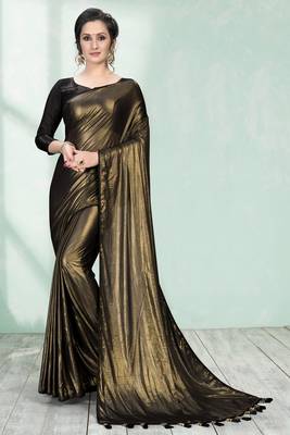 Gold plain silk saree with blouse 1