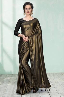 Gold plain silk saree with blouse 2