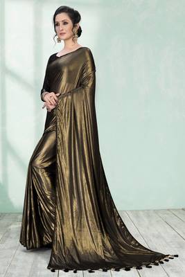 Gold plain silk saree with blouse 3