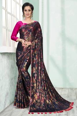 Blue plain silk saree with blouse 1