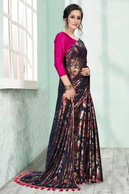 Blue plain silk saree with blouse 4