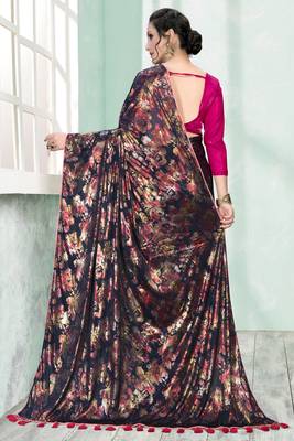 Blue plain silk saree with blouse 5