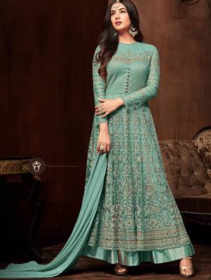 Turquoise  Heavy Embroidered Net Anarkali Suit 1