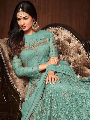 Turquoise  Heavy Embroidered Net Anarkali Suit 2