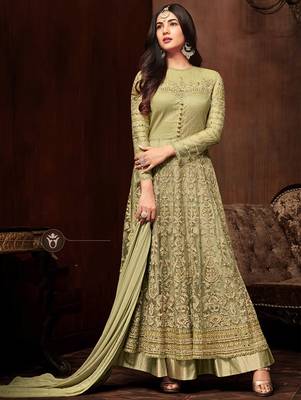 Olive Heavy Embroidered Net Anarkali Suit 1