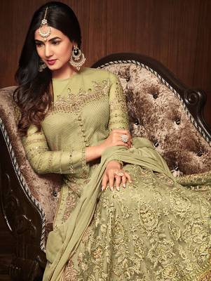 Olive Heavy Embroidered Net Anarkali Suit 2