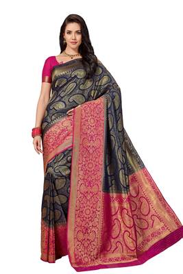 Navy blue woven faux silk saree with blouse 1