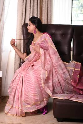 Pink striped chanderi saree 1