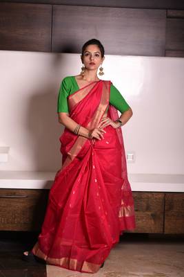 Reddish pink chanderi saree 1