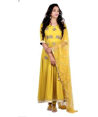 yellow zardosi crepe stitched readymade suits 1