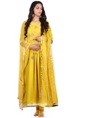 yellow zardosi crepe stitched readymade suits 2