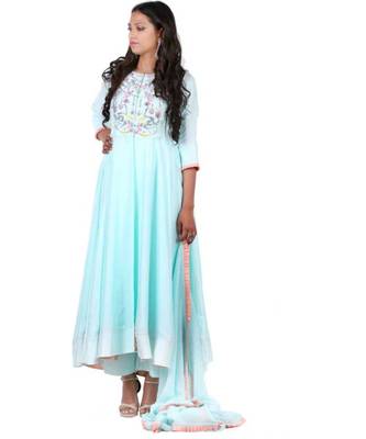blue thread embroidery pure crepe stitched readymade suits 1