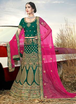 Dark-green embroidered satin semi stitched lehenga 1