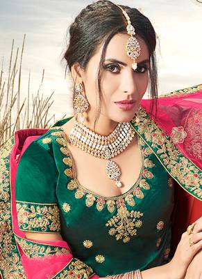 Dark-green embroidered satin semi stitched lehenga 2
