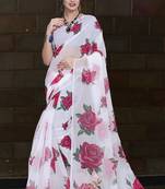 white printed organza saree with blouse