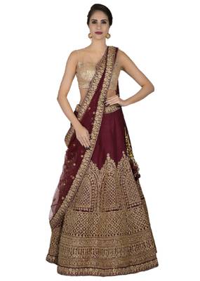 Maroon Embroidered Art Silk Unstitched Lehenga 1