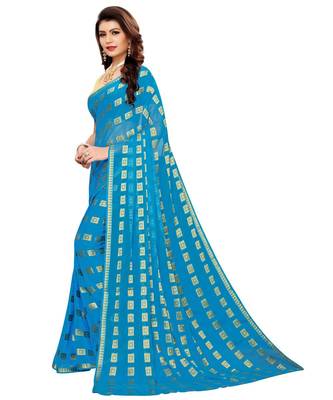 Blue woven Chiffon saree with blouse 3