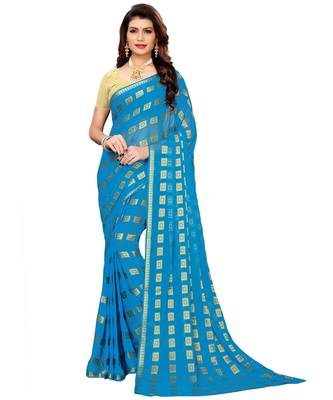 Blue woven Chiffon saree with blouse 5
