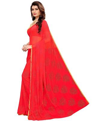 Red woven Chiffon saree with blouse 3