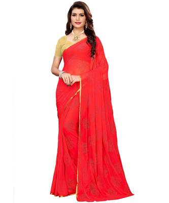 Red woven Chiffon saree with blouse 5
