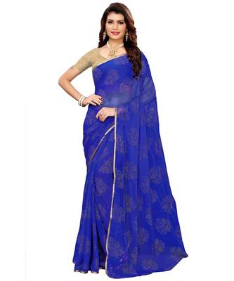 Blue woven Chiffon saree with blouse 5