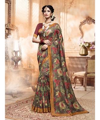 Green printed Silk blend saree with blouse 1