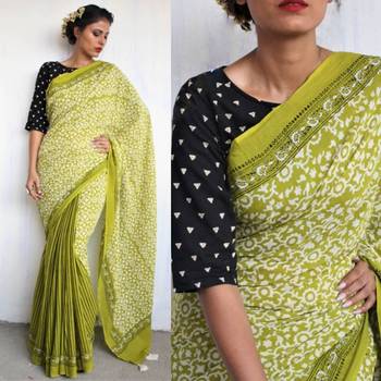 Khaatu Bagru Print Cotton Mulmul Saree With Blouse 2