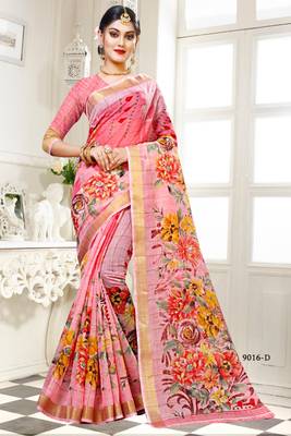 Pink woven cotton saree with blouse 1