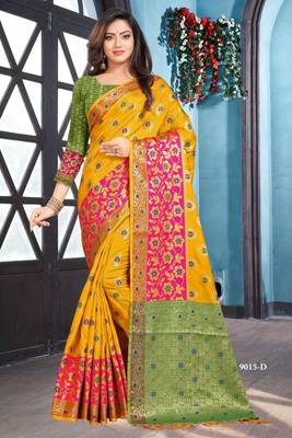 Yellow woven art silk saree with blouse 1