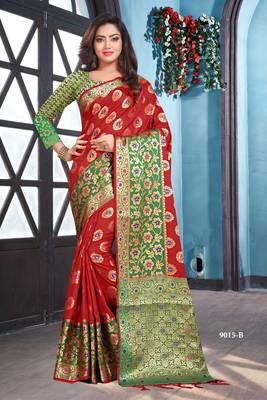 Red woven art silk saree with blouse 1