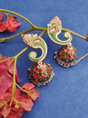 Infuzze Oxidised Silver-Toned & Green Meenakari Dome Shaped Jhumkas 1