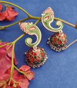 Infuzze Oxidised Silver-Toned & Green Meenakari Dome Shaped Jhumkas