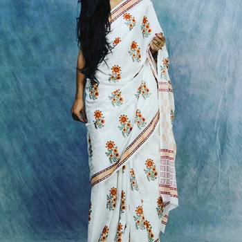 Khaatu Bagru Print Cotton Mulmul Saree With Blouse 2