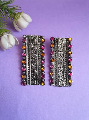 Infuzze Oxidised Silver-Toned & Pink Stone-Studded Rectangular Drop Earrings 1